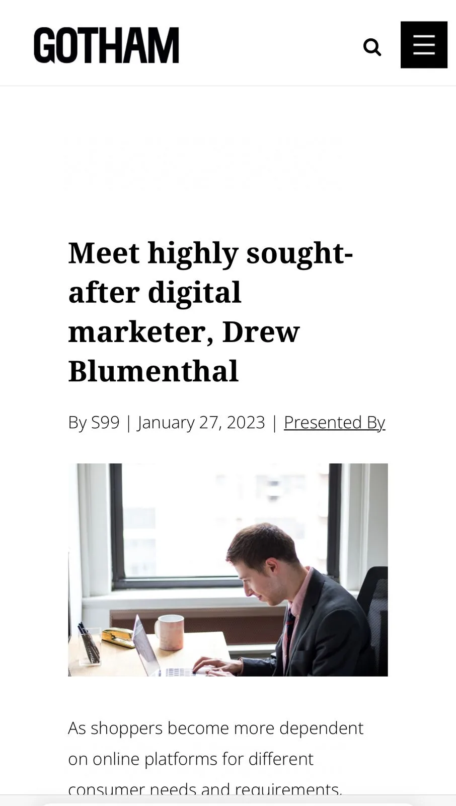 Gotham Magazine feature on Drew Blumenthal